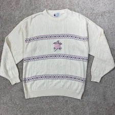 Vintage Cotton Harbor Sweater Womens XL Beige Flower Long Sleeve Granny Grandma