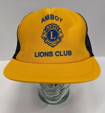 Vintage Lions Club Amboy Illinois Trucker Hat - Snapback Cap - Blue & Yellow
