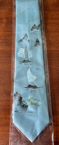 vtg hand painted silk tie Asian style scene of sailboats serene light blue