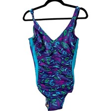 Maxine Of Hollywood 80s Print Ruched One Piece USA Vintage Swimsuit Size 16