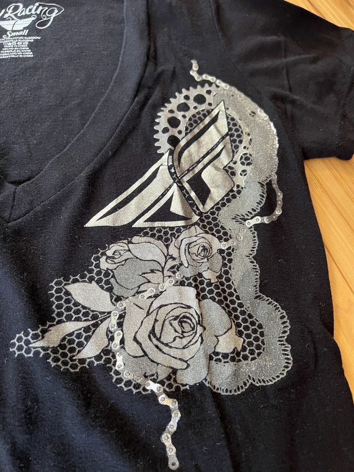 Fly Racing Women's Jr. Sz Small Black V-Neck Floral Wrench Chain T-Shirt - Image 3 of 4