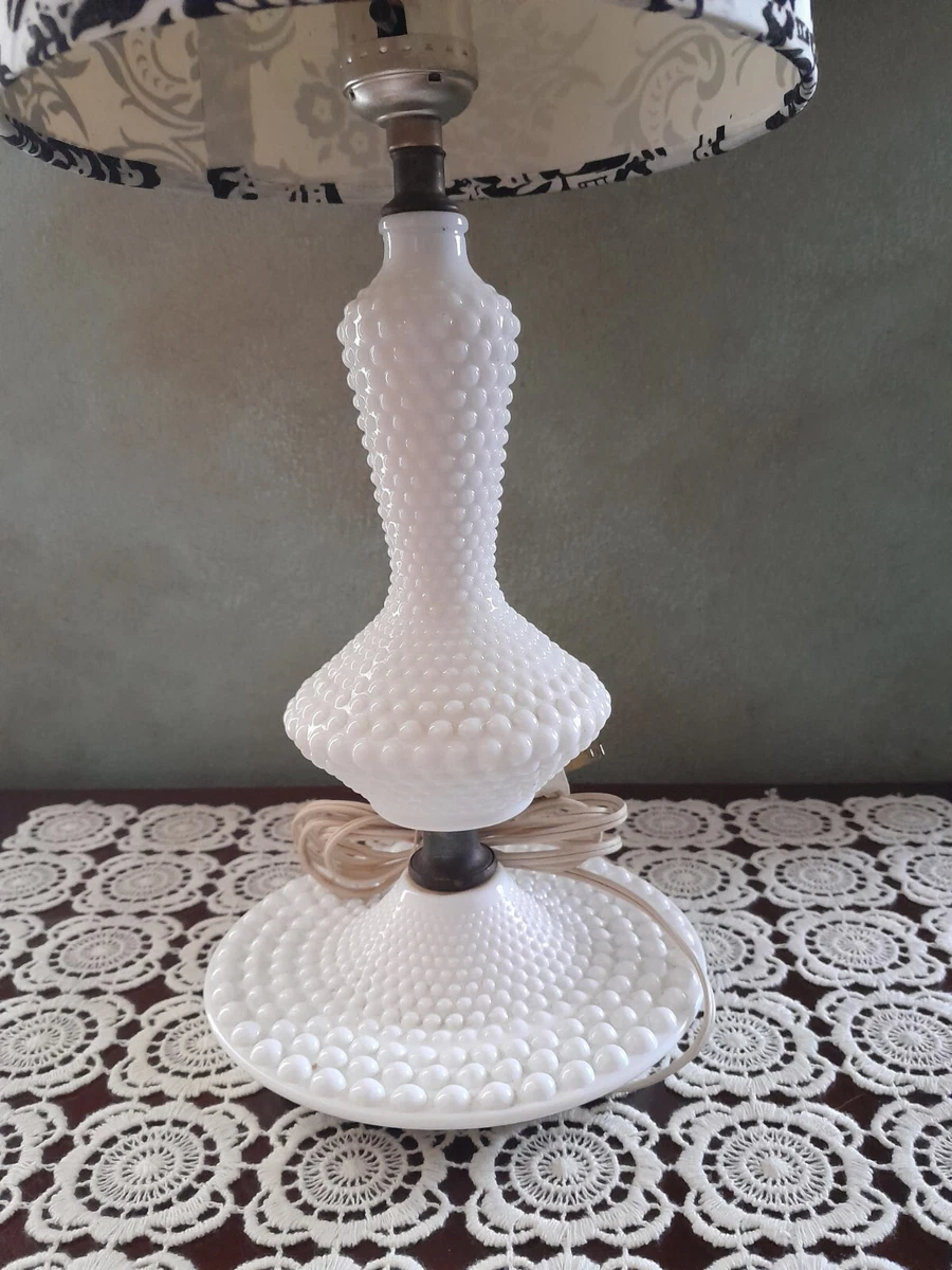 Vintage 60 s Hobnail Milk Glass Lamp Vanity Bedside Table USA 12 Blk Wh Shade