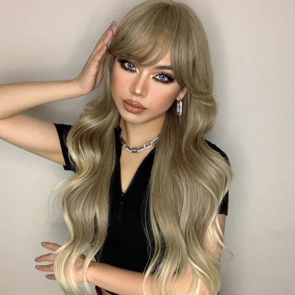 Pelucas largas onduladas con flequillo ombre rubio oscuro disfraces fiesta diaria para mujer Foto 3 de 4