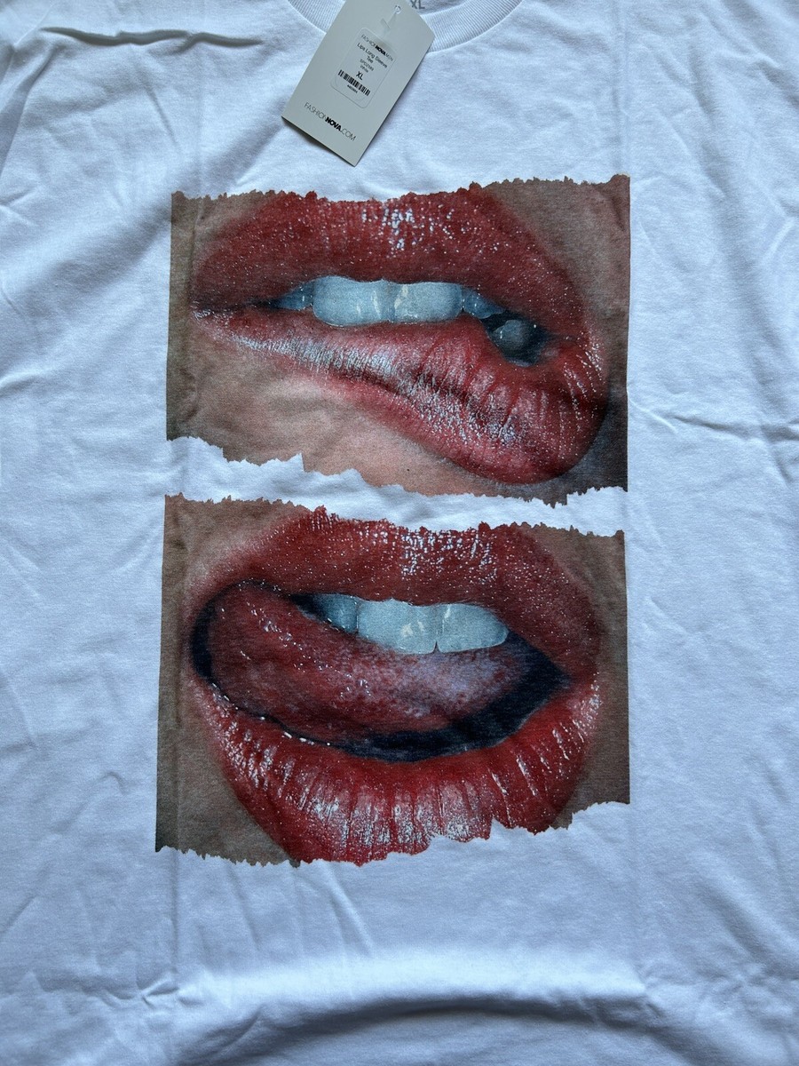 Fashion Nova Lips Long Sleeve Tee Men's Size XL White