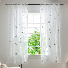 Silver Foil Print Sheer Moon Star Curtains for Girls Room - Rod Pocket Light Fil