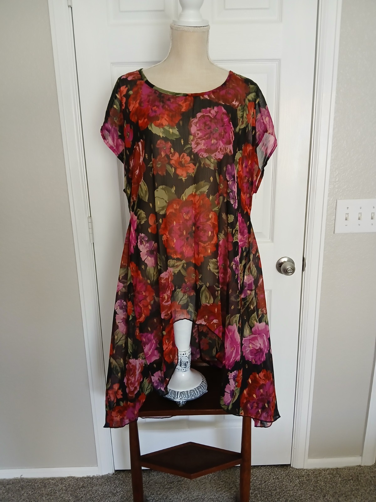 Sheer Floral Hi Low Tunic 1X Glam Metal Romantic Feminine Fairy Cottage Boho