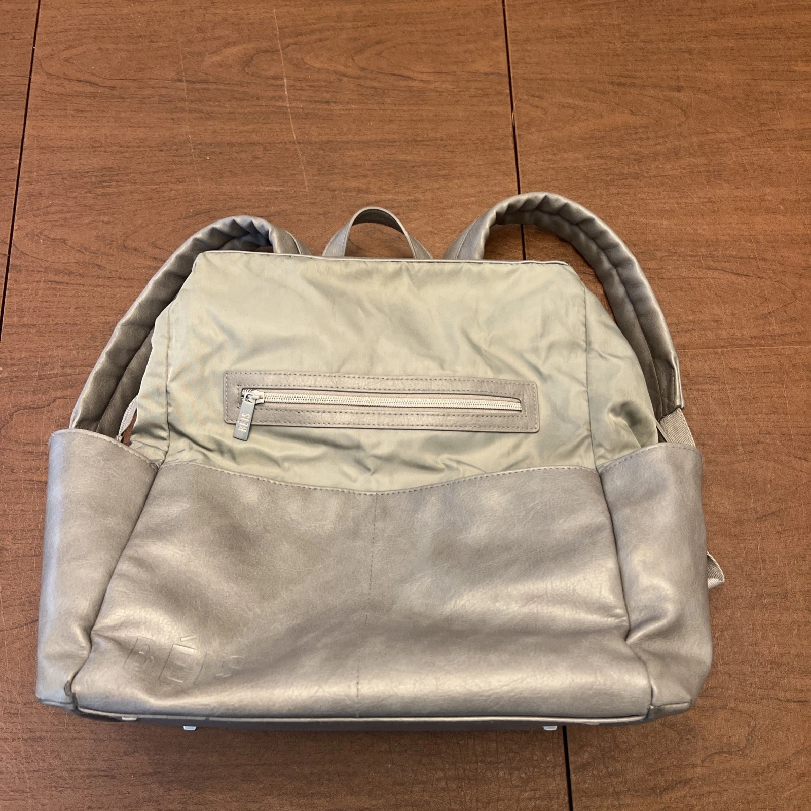 BEIS The Backpack Diaper Bag in Grey Leather with changing pad