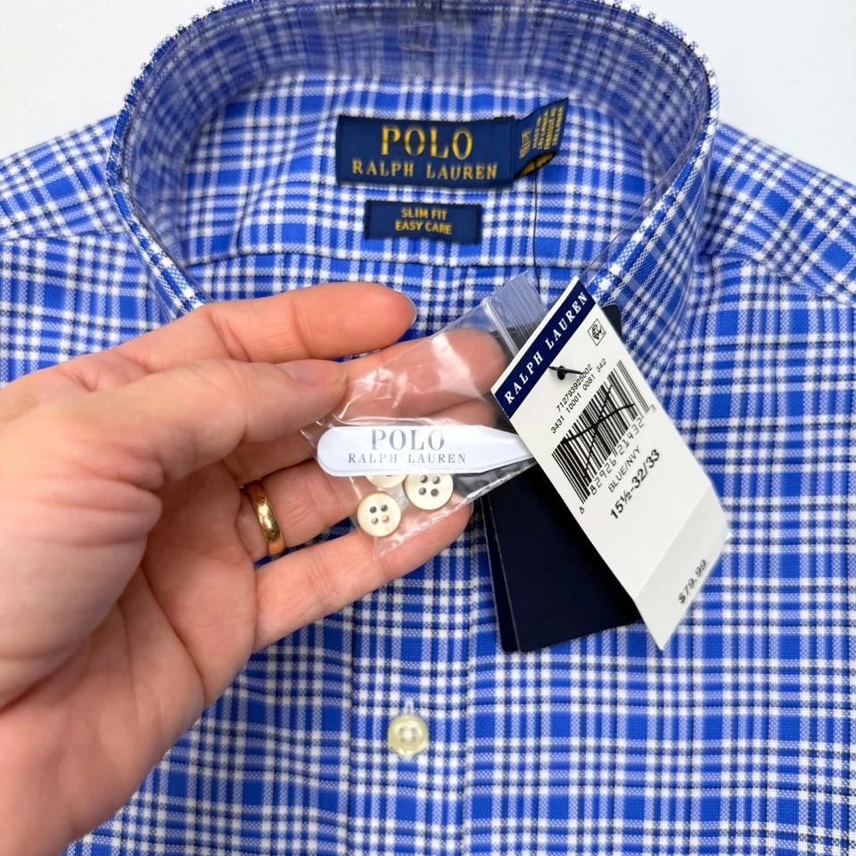 New POLO Ralph Lauren Dress Shirt Mens Size 15.5 32/33 Slim Fit Blue Check - Image 4 of 4