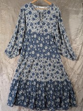 Primark Cares Blue Floral Smock Dress L UK 14 16 Cotton Tiered Midi Boho Long