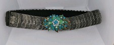 Vintage Belt Silver Tone Faux Turqoise  Rhinestones Concho Stretch