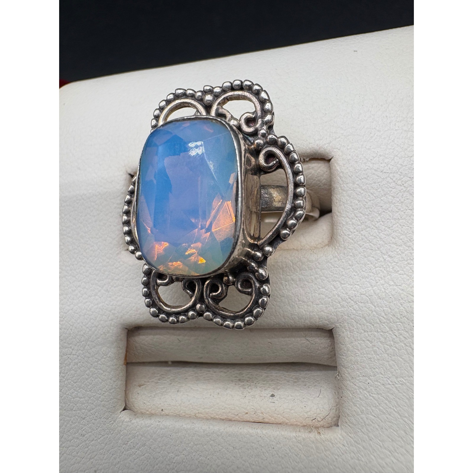 Sterling Silver Opalite Statement Ring Ornate Fil… - image 4