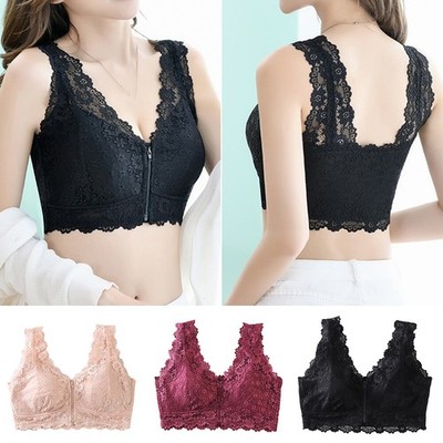 Women Sexy Front Zipper Opening Lace Full Cup Padded Bras Push Up Gathering