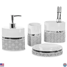 Creative Scents Mirror Damask 4-Piece Bathroom Accessory Set - White & Gray