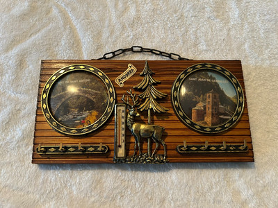 Vintage Andorra Wooden Wall Hanging Art Souvenir Key Hanger Deer Thermometer