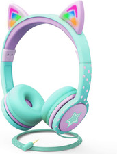 Kids Headphones with LED Cat Ears 85Db Safe Volume Limit , 3.5Mm Soft On-Ear Wi