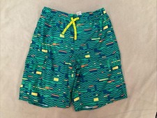 LLBean Swim Trunks 12 Boys Green Block Print