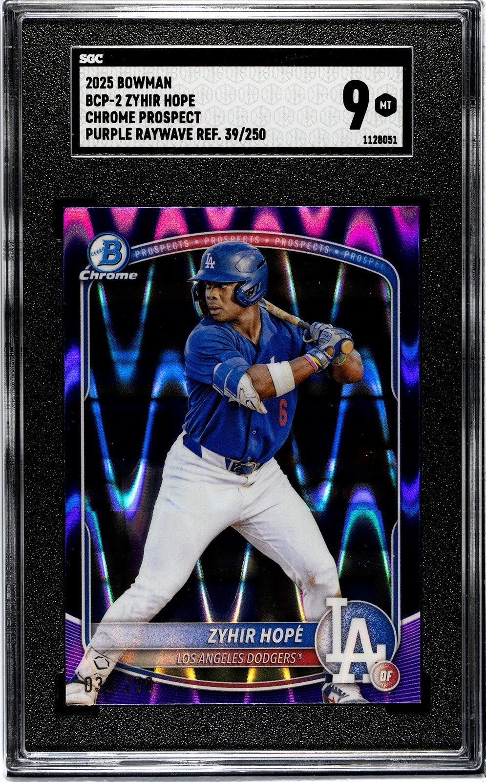 2025 Bowman Chrome Zyhir Hope Purple Raywave Refractor /250 SGC 9 #BCP‑2 Dodgers