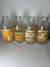 Vintage Glass 4 Milk Bottles Advertising Breakfast items