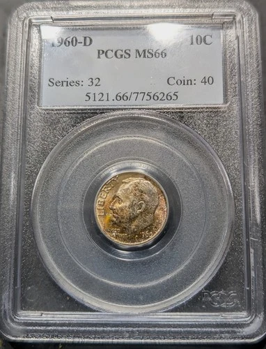 1960-D Roosevelt Dime Pcgs MS/66 First Gen Blue Label Holder End Roll Toning!!