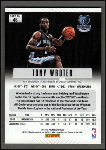 Autógrafos Panini Prizm 2012-13 #46 Tony Wroten Auto Grizzlies - casi nuevo-como nuevo - Imagen 2 de 2