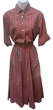 Vintage 1950s Jeri-Lyn Plaid Day Dress L Collar Belt Roll Sleeve Red Blue Flare