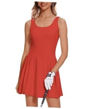 Women's Tennis Dress with Built-in Shorts Summer Mini Dress U Neck Medium Red