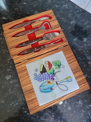 Vintage 60er Jahre Zebraholz Käsebrett & Cocktailbar Set Retro verpackt