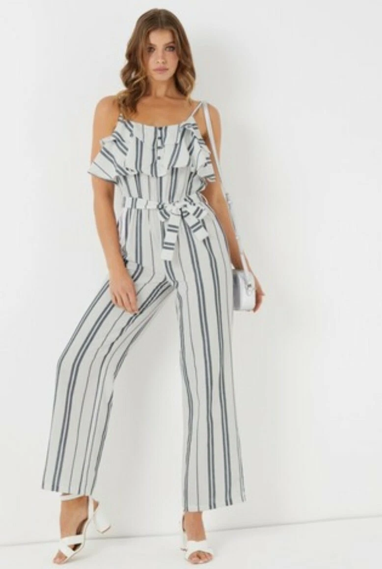 Brand New BOOHOO White Mix Striped Frill Cami Jumpsuit Size UK 16