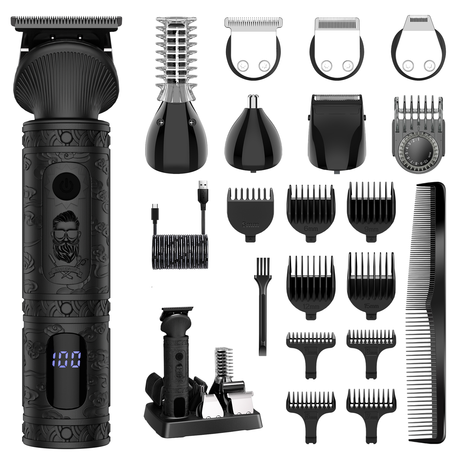 Tondeuse à cheveux SURKER kit 7 en 1 sans fil avec lames en acier noir