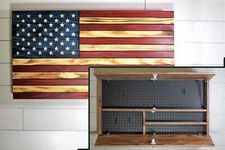 Wood American flag hidden gun storage with pegboard. 3 compartment concealment