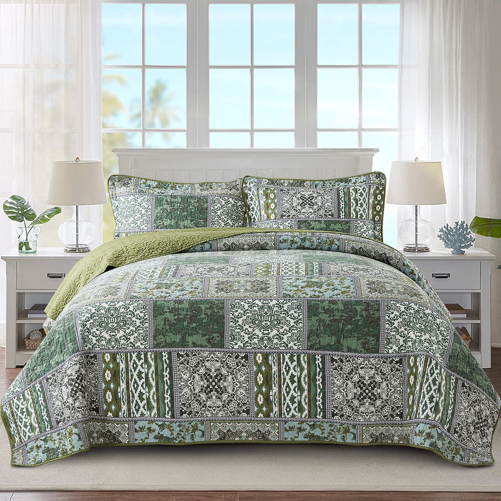 Cotton Bedspread Quilt Sets-Reversible Patchwork Coverlet Set, Green Classic ...