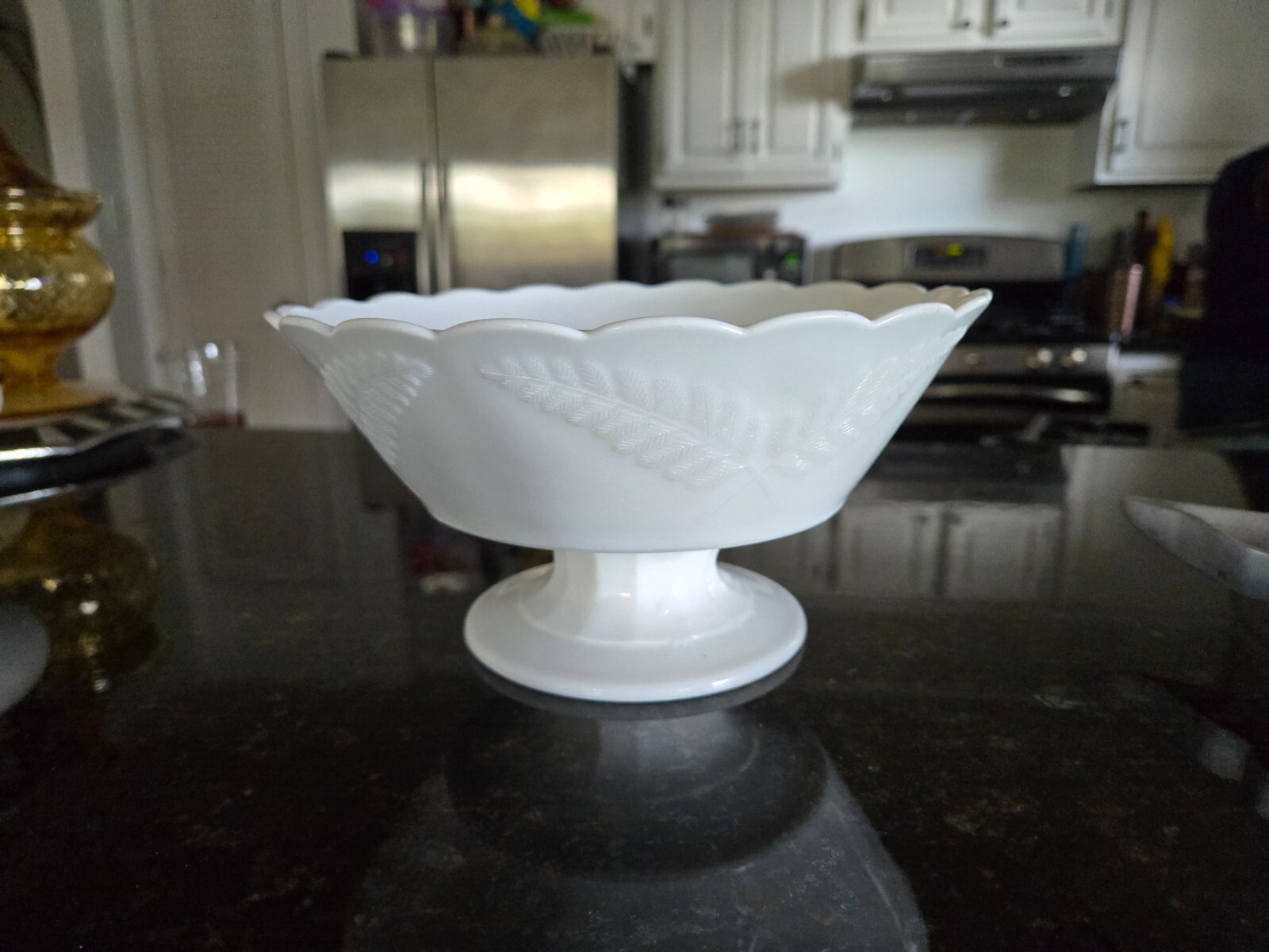 Vintage White Milk Glass Scalloped Pedestal Serving Bowl with Leaf Design