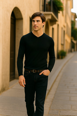 Fidia Knitwear Jersey Shirt Herren Schwarz Slim Fit V-Ausschnitt Stretch Größe M Medium