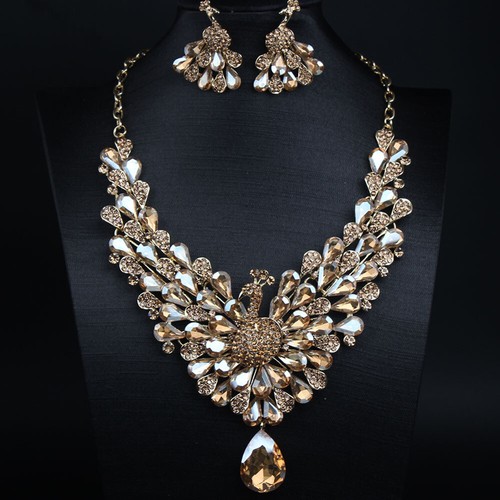 Women Crystal Necklace Earring Jewelry Set Wedding Party Peacock Pendant Choker - Picture 5 of 55