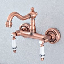 Red Copper Wall Mount Dual Ceramic Handles Bathroom Basin Sink Faucet asf891