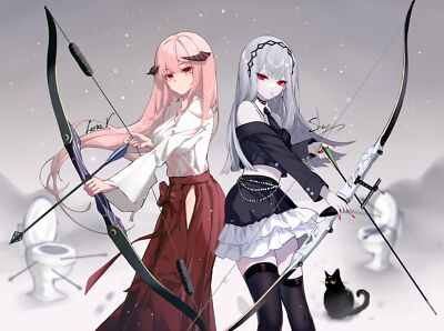 Anime girls digital art pink hair silver bow and arrow Play Gaming Mat Desk
