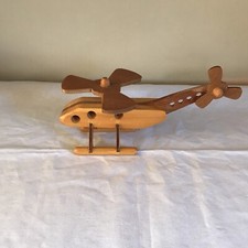 Wood Toy Helicopter 9 1/2  L 5 3/4  H 2 3/4  W Two Toned Wood Handmade