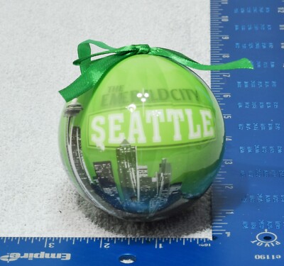 Seattle Christmas Ornament, Skyline, Mt Rainier, Space Needle Emerald City Green