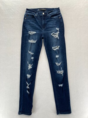 KanCan Skinny Jeans Women's 7/27 Dark Wash Blue Stretch Denim Distressed Pants