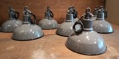 BAUHAUS ART DECO  LAMPE FABRIKLAMPE SCHIRM EMAILLE LEUCHTE Grau + Baldachin - Bild 1 von 4