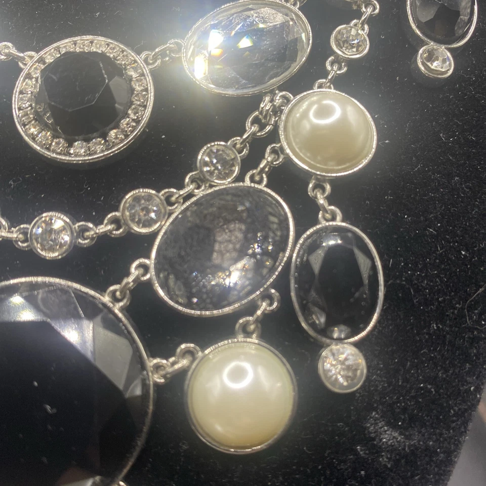 Collar firmado Casa Blanca mercado negro encaje perla cristal babero declaración 16"+2" Foto 4 de 4