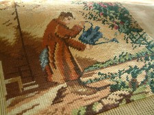 20"Antique Completed Needlepoint Tapestry Canvas The Gardener Watering the Rose