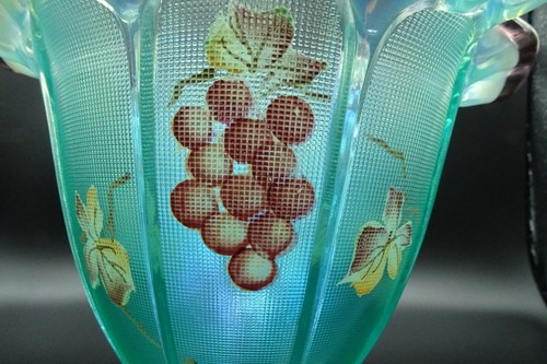 Fenton Handpainted Teal/Purple Vase Basket/Grapes & Vines by I. Robinson 11" H - Picture 5 of 12