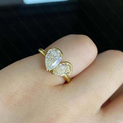 Pear Cut VVS1 Moissanite Two Stone 14k Yellow Gold Plated Engagement Bridal Ring