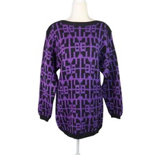 Vintage 80s Christian Dior Wool Sweater Purple Black Metallic Geometric L