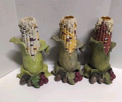 Set of 3 Harvest Indian Corn Candle Holders 8'' Tall Rustic Fall Decor (1 Missing