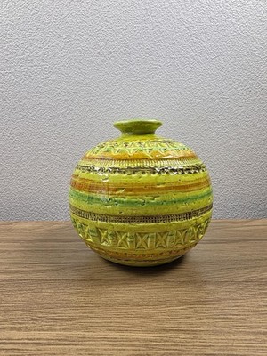 Vintage Rosenthal Netter Italy Green Geometric Art Pottery Round Vase MCM 264/4