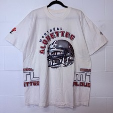 Vintage 90s Montreal Alouettes CFL Football Bulletin AOP T-Shirt Sz XL