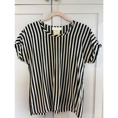 Vintage Escada Margaretha Ley 100% Silk Striped Top Black Cream Cap Sleeve 36