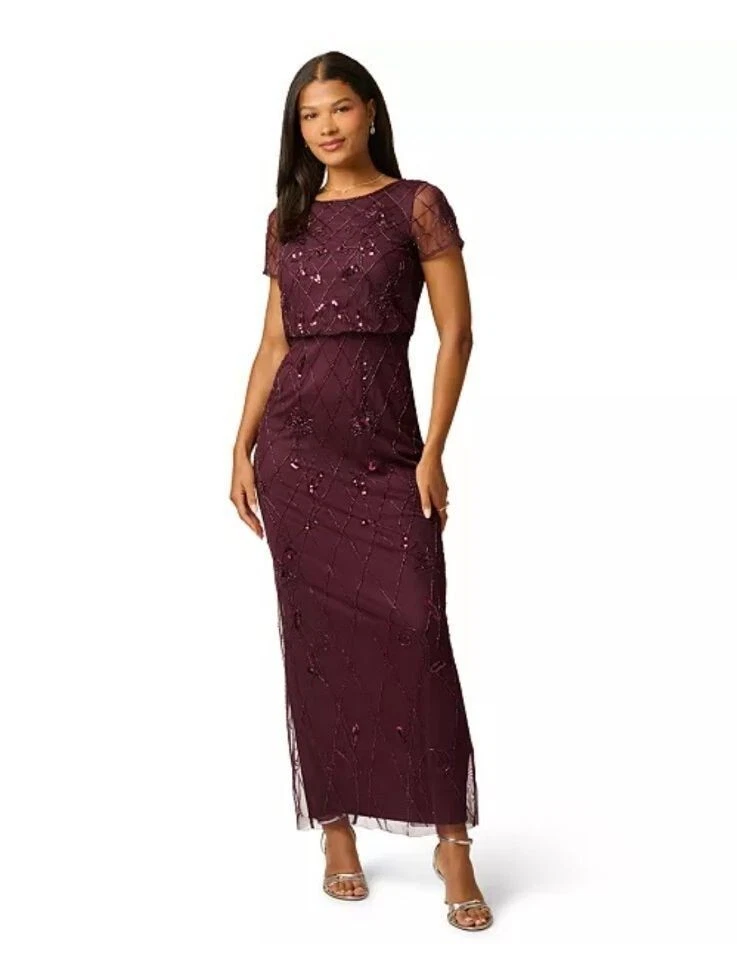 Maxi Vestido Adrianna Papell Nuevo con Etiquetas Cuentas Púrpura 14W Talla Grande Vestido Formal $189